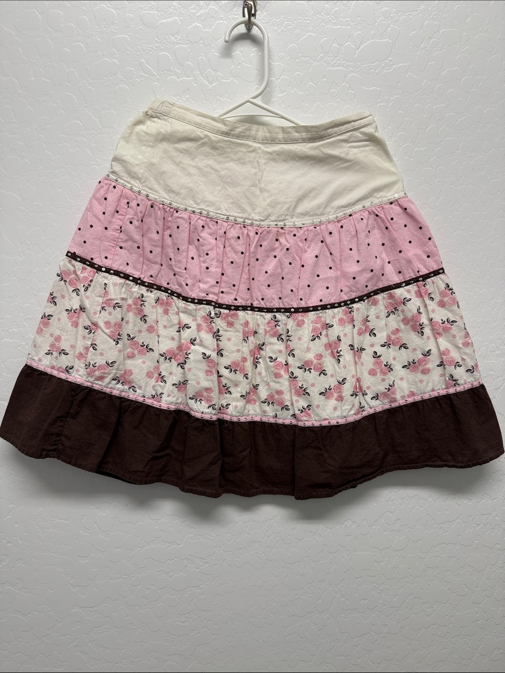 Copper Key Pink Brown Cream Tiered Floral Polka Dot Skirt